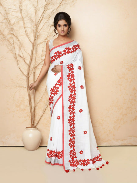 Joban Fashion White & Red Cotton Applic Saree