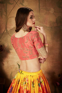 Thumbnail for Aastha Fashion Women's Yellow Digital Printed Organza Silk Wedding Lehenga Choli With Orange Blouse - Distacart