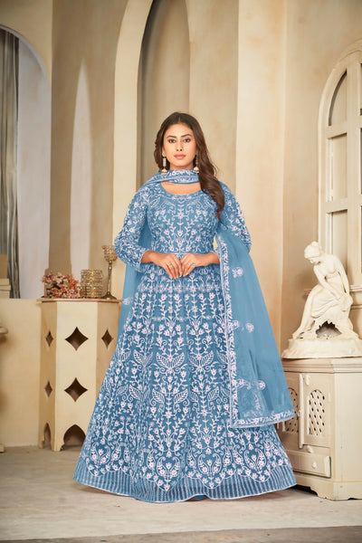 Jyoti Fashion Women's Sky Blue Net Embroidered Anarkali Kurta Pant Set With Dupatta
