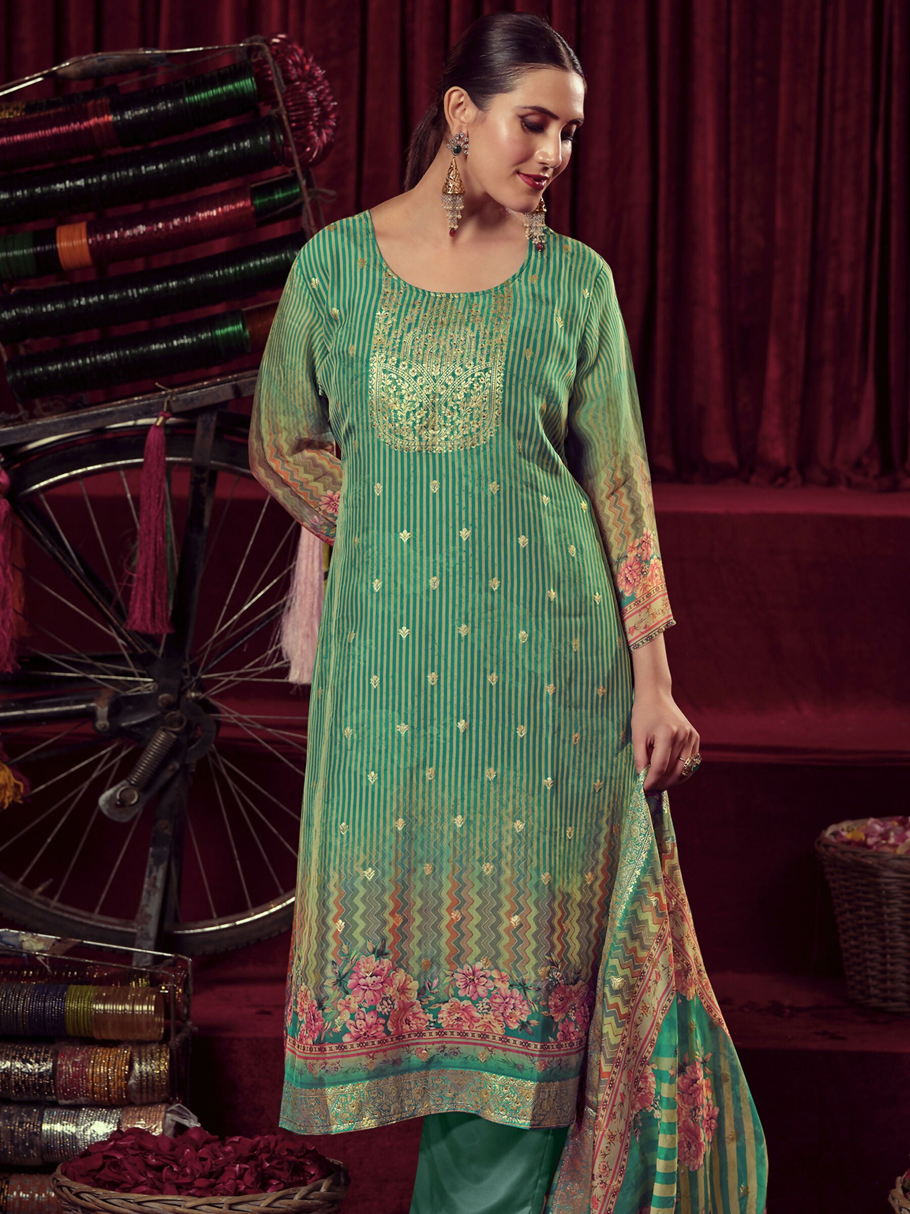 Jyoti Fashion Women's Green Organza Jacquard Woven Kurta with Trouser & Dupatta - Distacart
