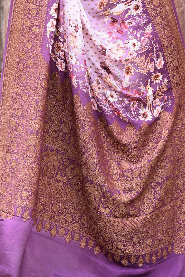 Joban Fashion Dark And Light Lilac Crepe Chiffon Pure Handloom Banarasi Silk Saree
