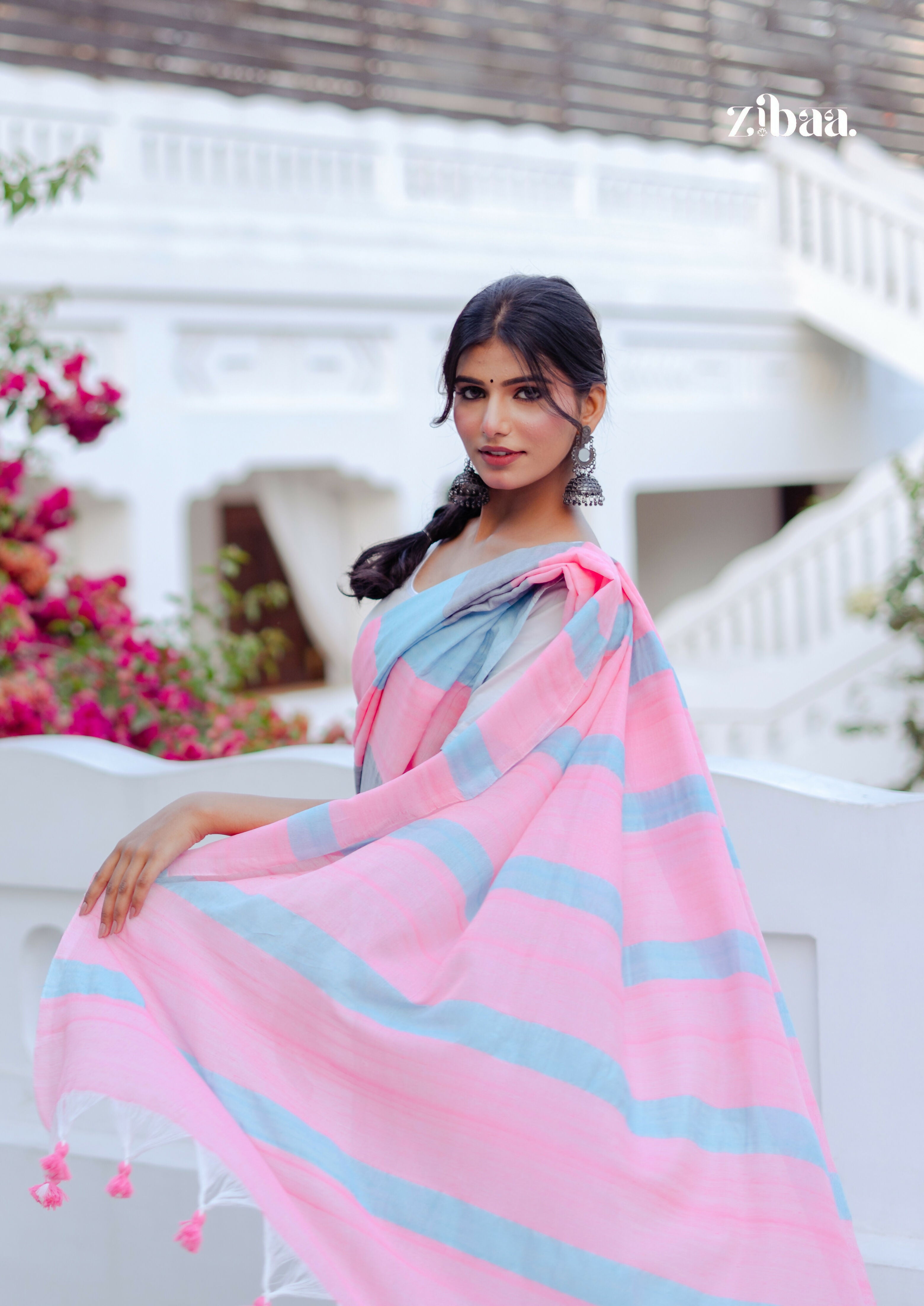 Zibaa Hand-Dyed Mul Cotton Striped Saree with Tassels