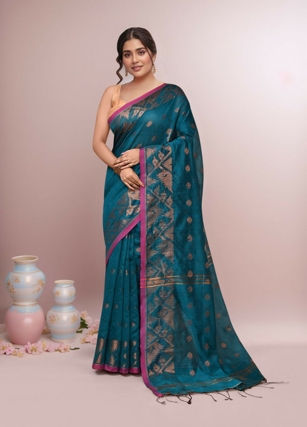 Joban Fashion Aqua Blue Cotton Blend Handloom Saree