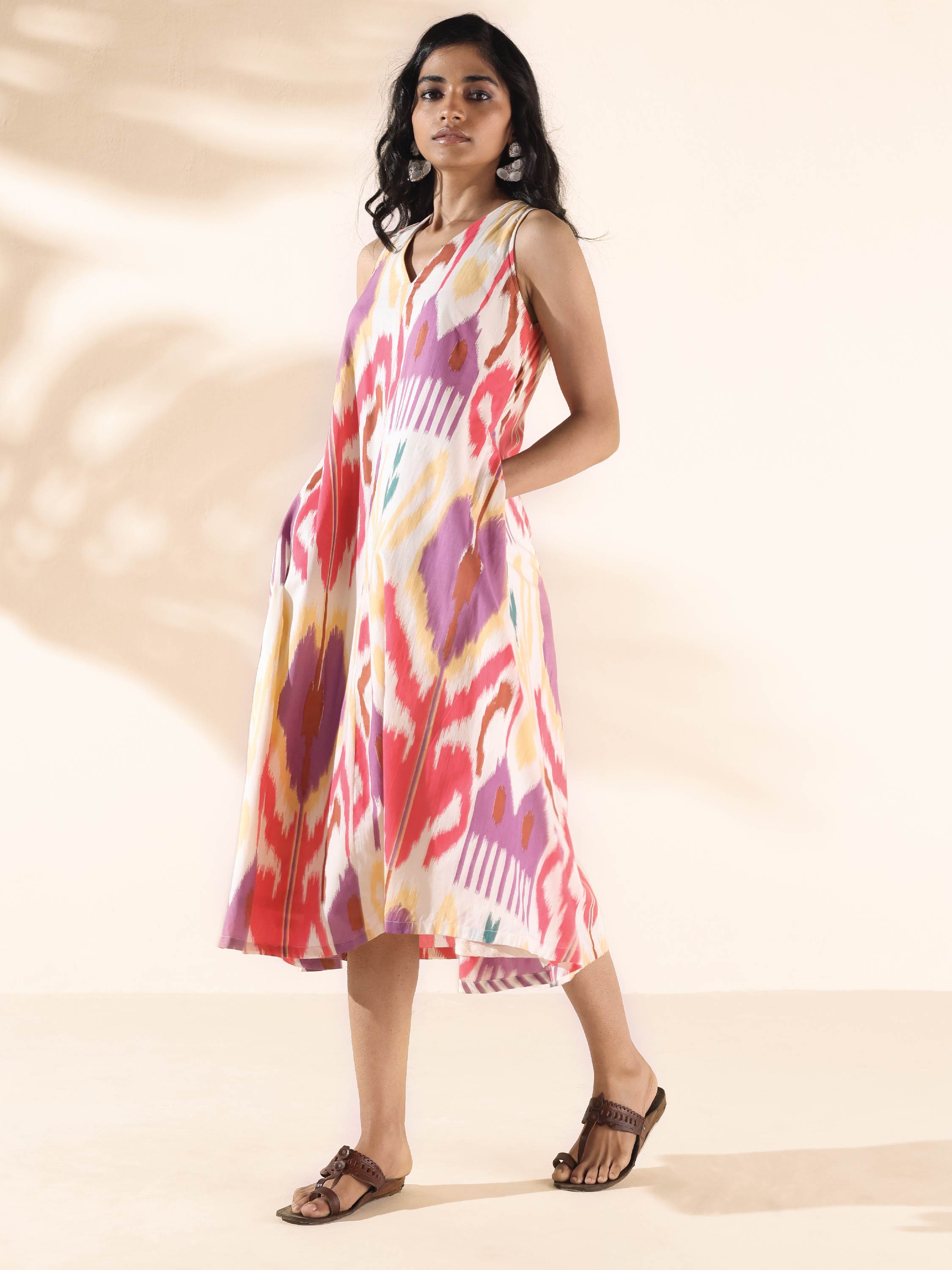 trueBrowns Pink Cotton Ikat Sleeveless Dress - Distacart