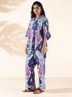 Thumbnail for trueBrowns Blue Cotton Ikat V-neck Co-ord Set - Distacart