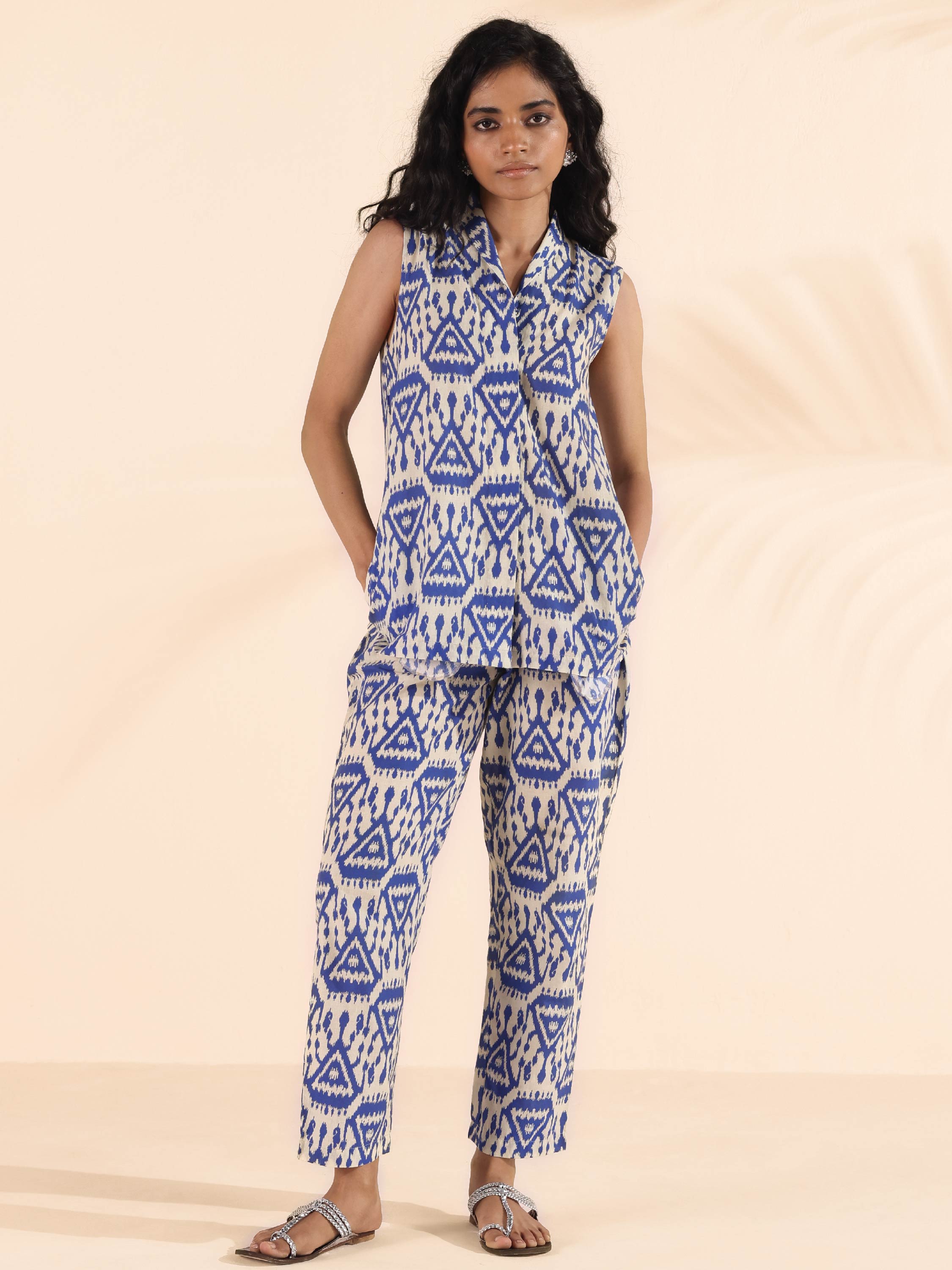 trueBrowns Blue Cotton Ikat Sleeveless Co-ord Set - Distacart