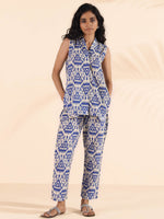 Thumbnail for trueBrowns Blue Cotton Ikat Sleeveless Co-ord Set - Distacart