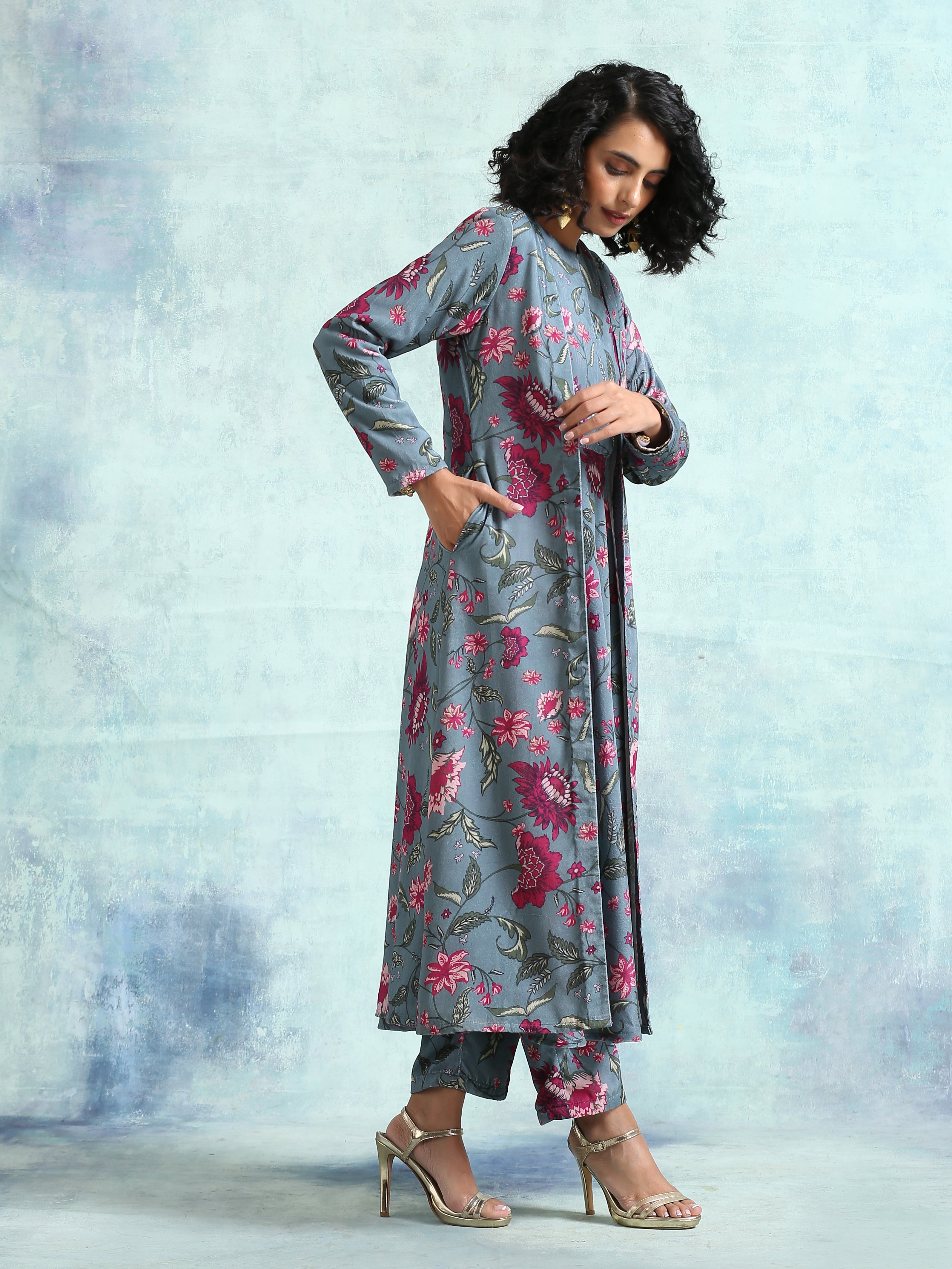 trueBrowns Grey Printed Velvet Overlay Jacket - Distacart