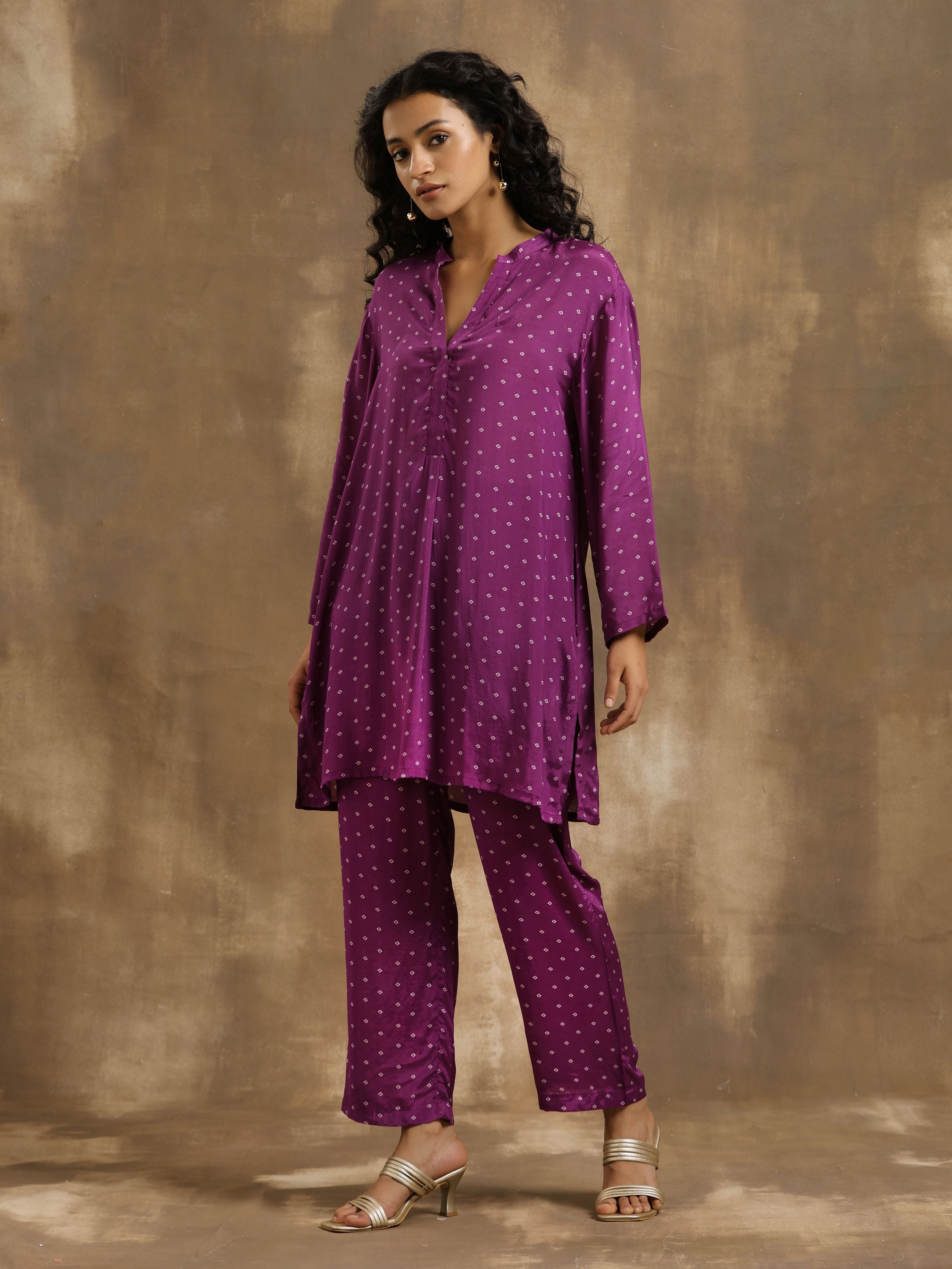trueBrowns Purple Bandhani Printed Silk Co-Ord Set - Distacart