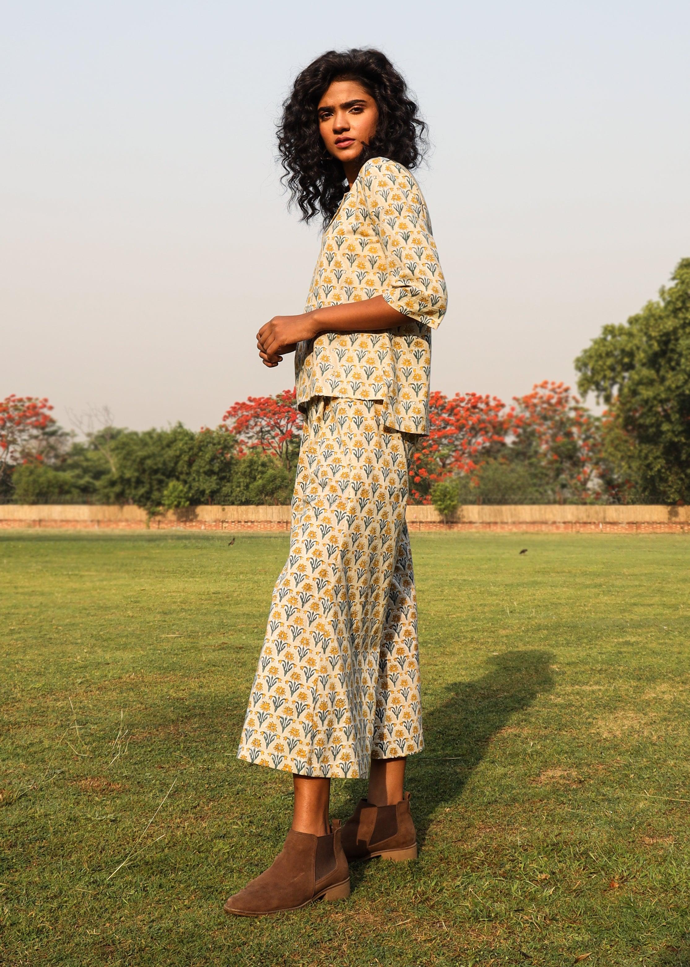 trueBrowns Light Sage Cotton Block Print Lapel Shirt Co-Ord Set - Distacart