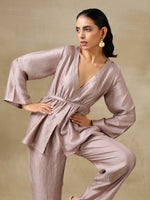 Thumbnail for trueBrowns Grey Textured Silk Deep V-Neck Co-Ord Set - Distacart