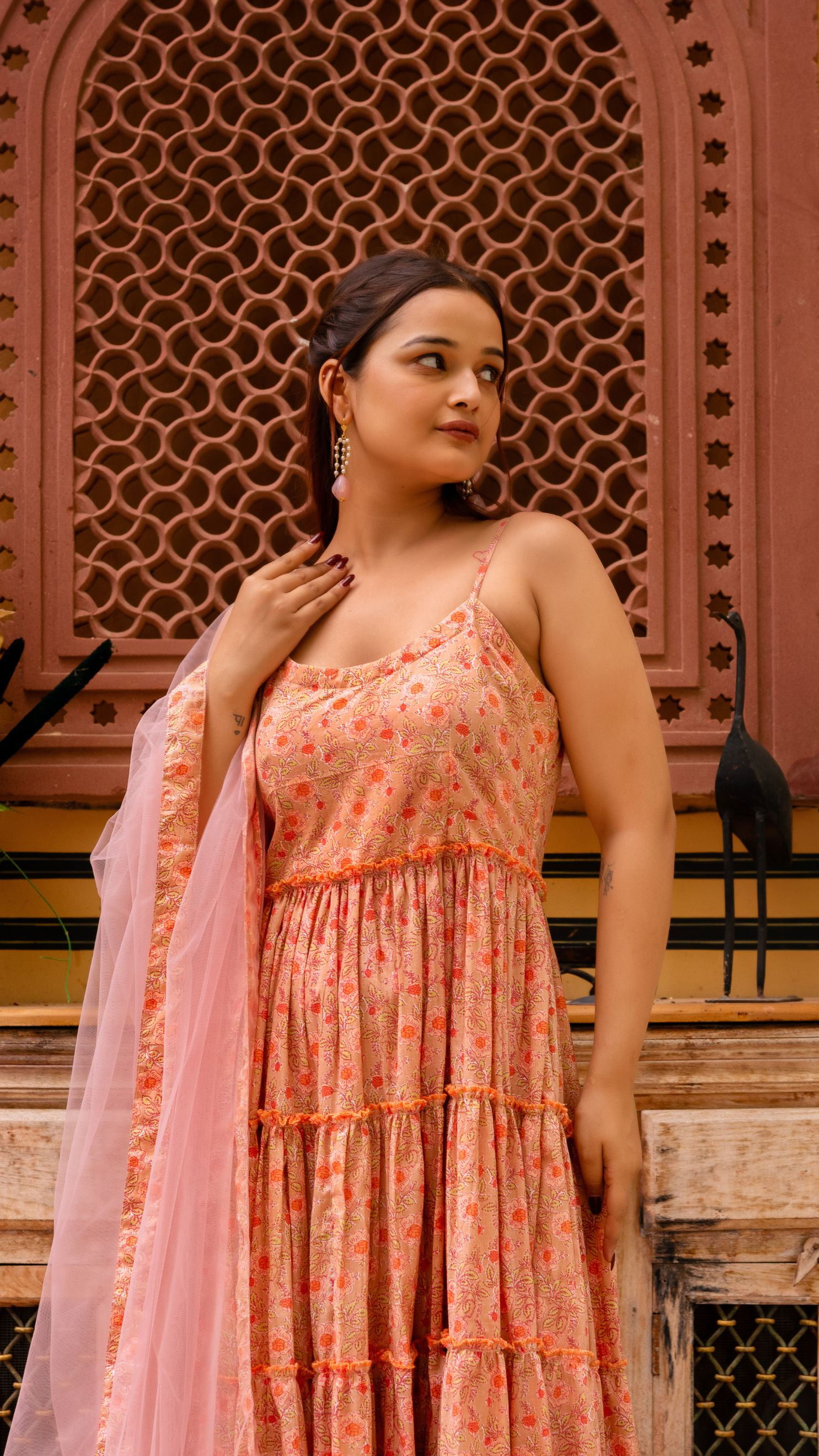 Pomcha Jaipur Gaurangi Trishika Peach Cotton Tiered Anarkali Set - Distacart