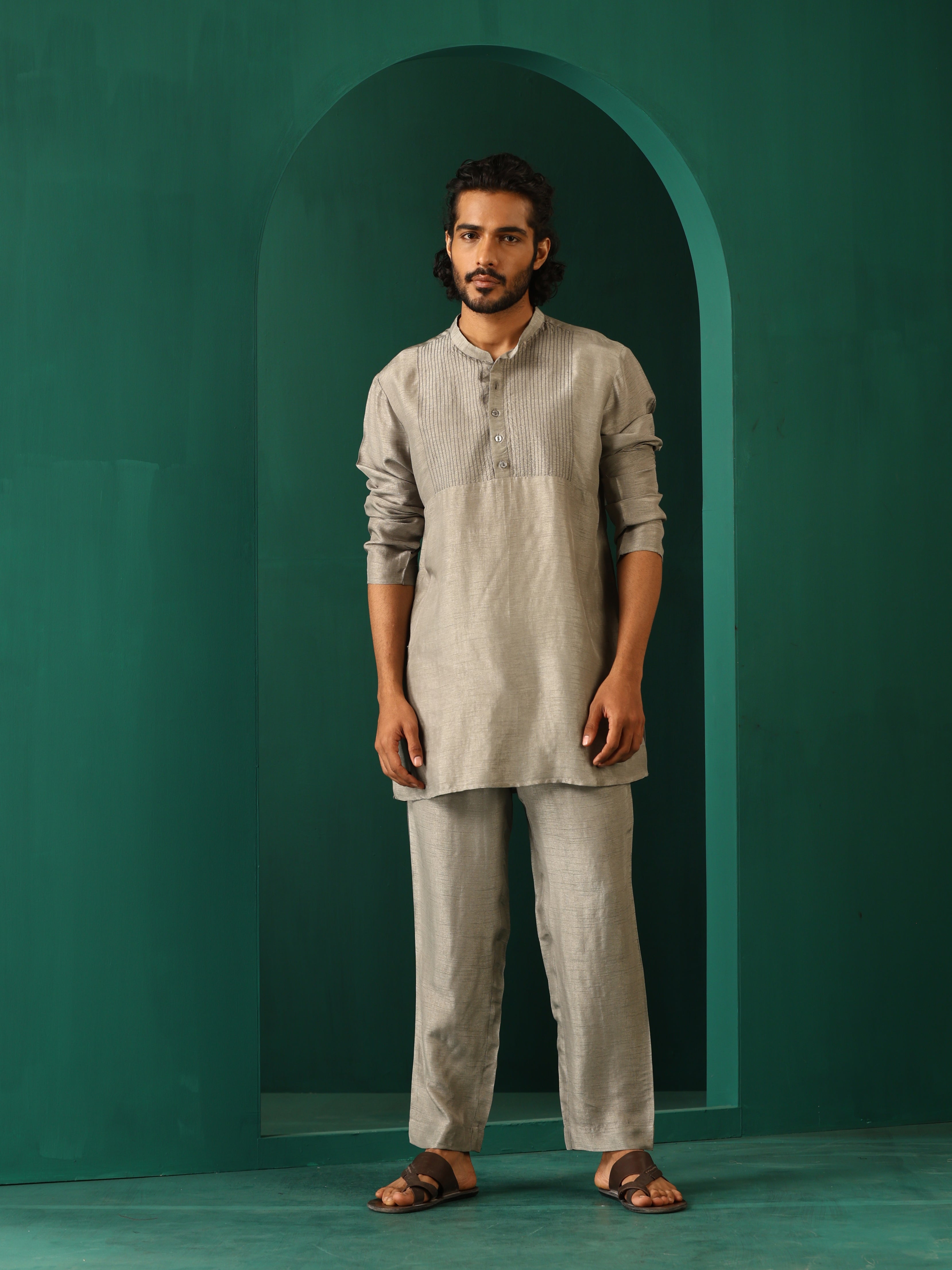 trueBrowns Men's Grey Silk Co-ord Set Yoke Detail - Distacart