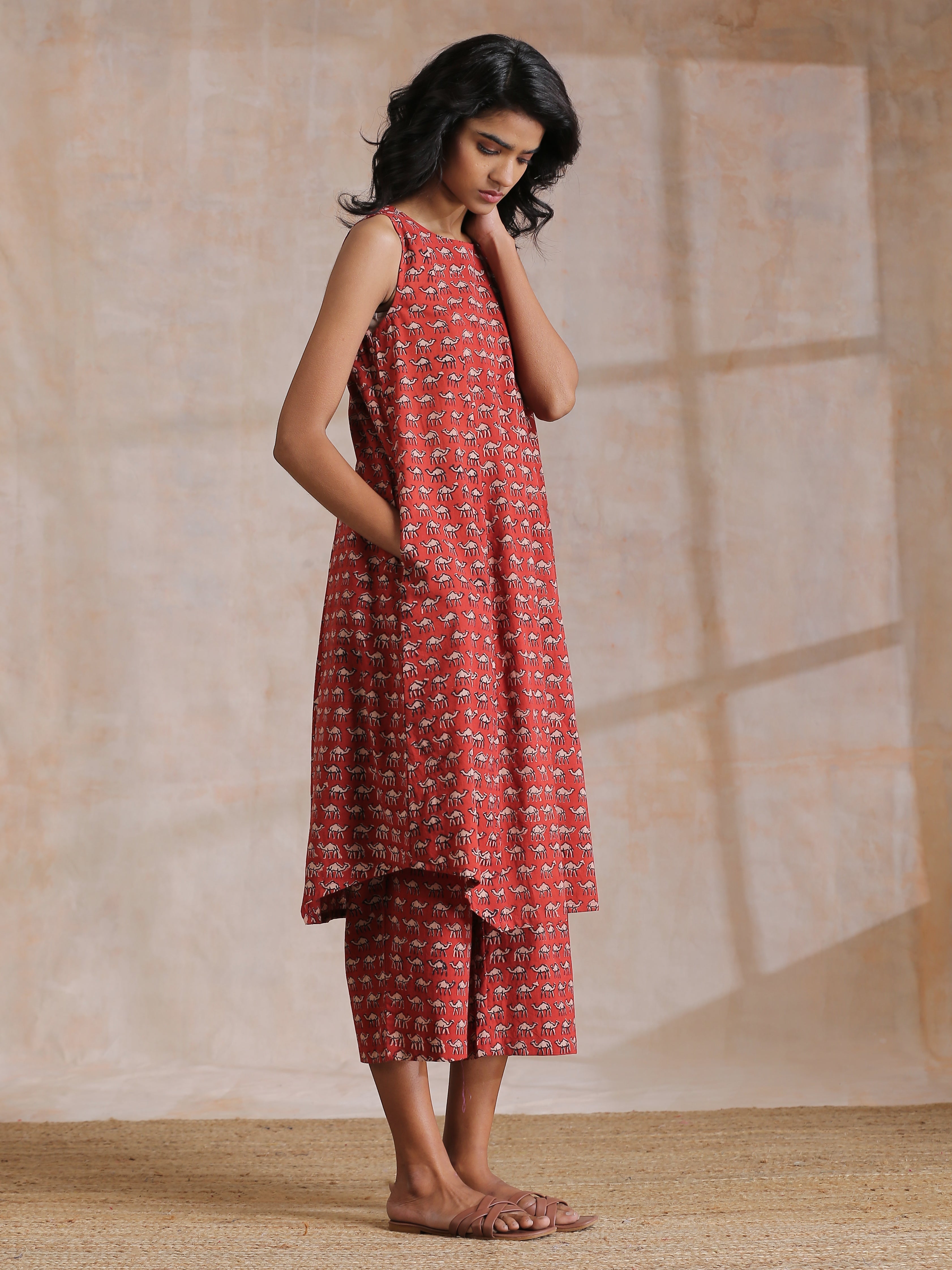 trueBrowns Rust Red Bagru Camel Print Cotton High-Low Co-Ord Set - Distacart
