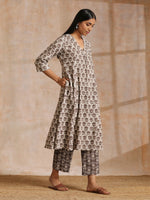 Thumbnail for trueBrowns Clay Dabu Buta Print Cotton Front Neck Gathered Kurta Pant Set - Distacart