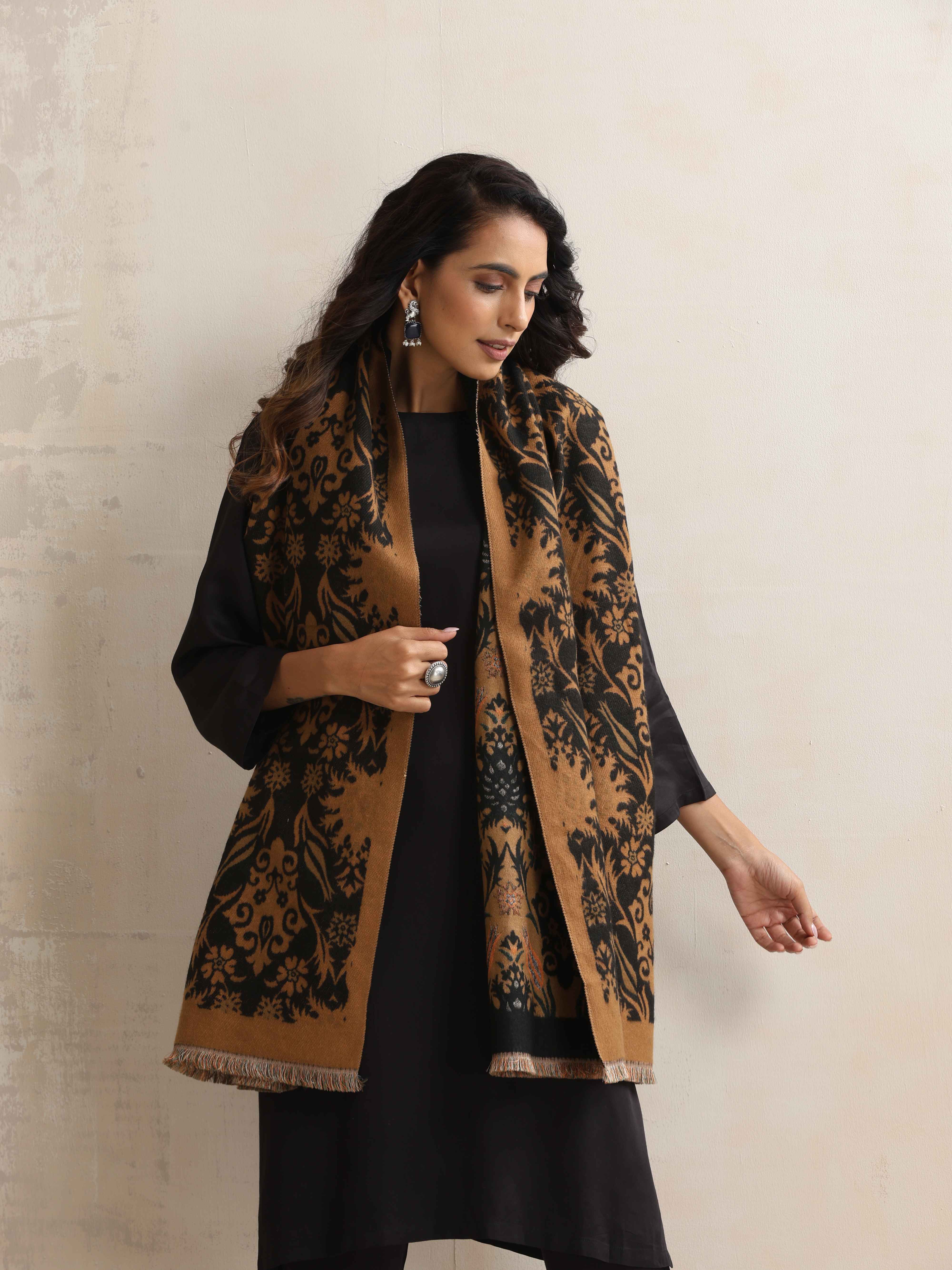 trueBrowns Brown Floral Reversible Woollen Stole - Distacart
