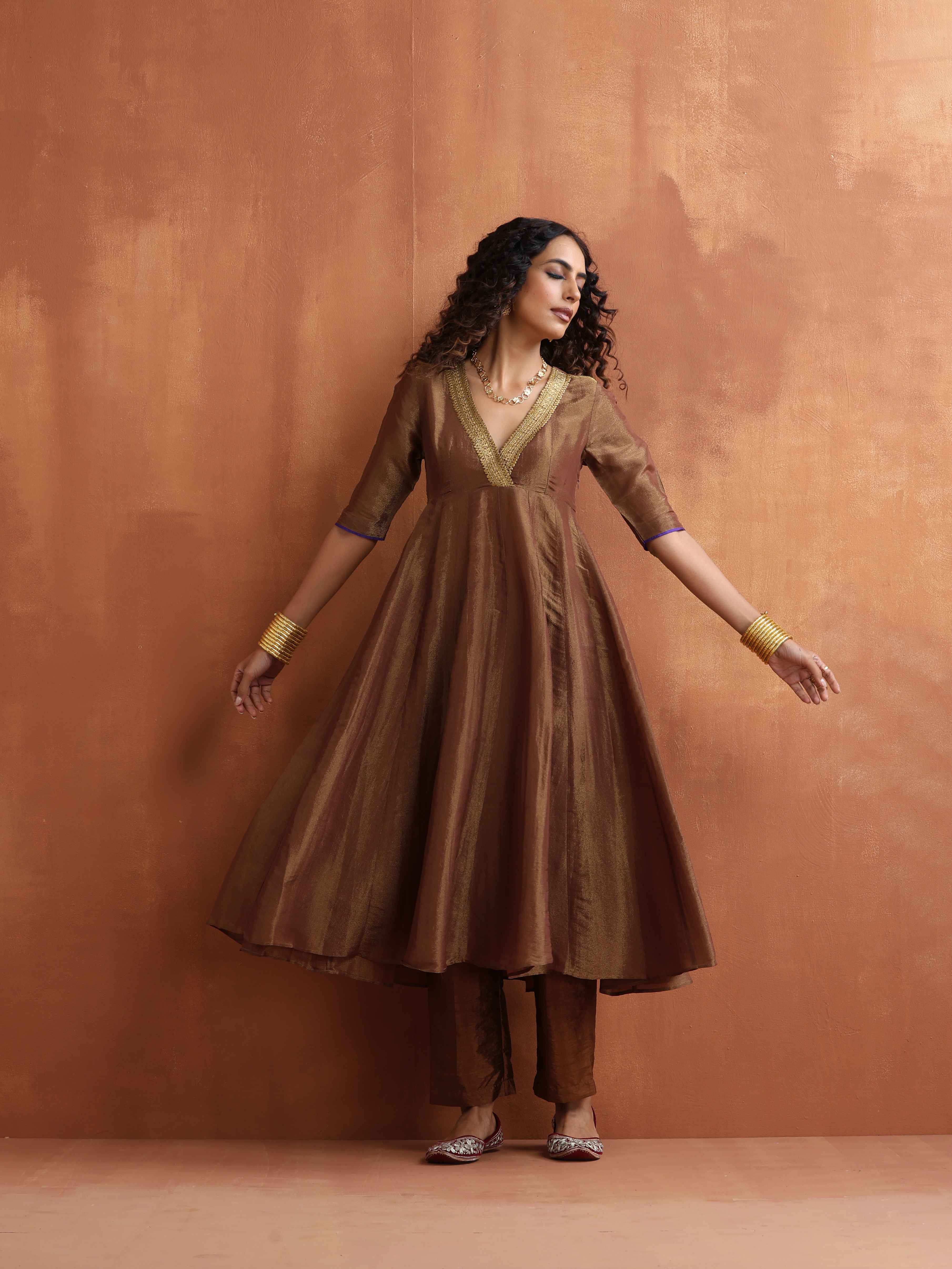 trueBrowns Bronze Tissue Flared Anarkali Kurta Set - Distacart