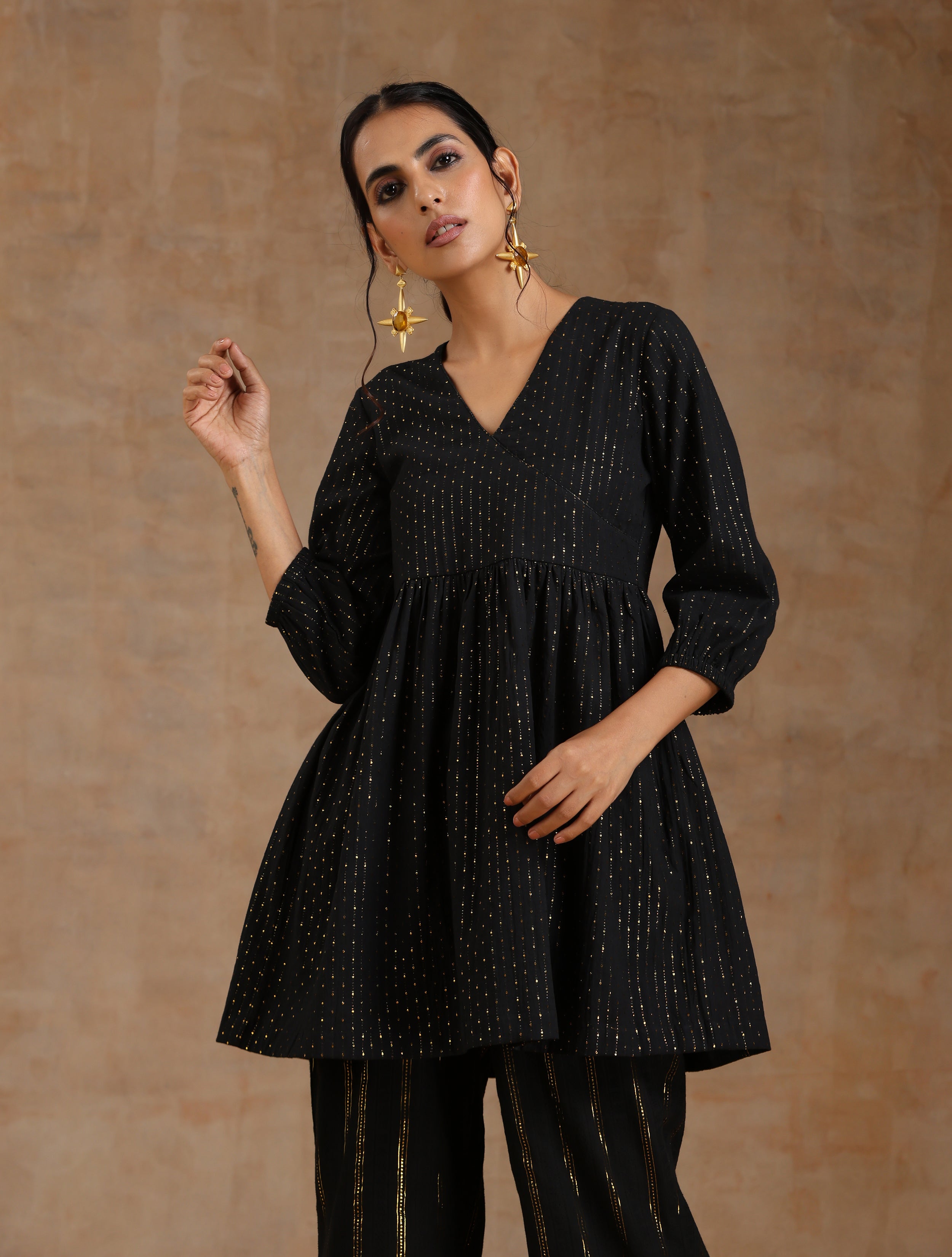 trueBrowns Black Gold Cotton Overlap Co-Ord Set - Distacart