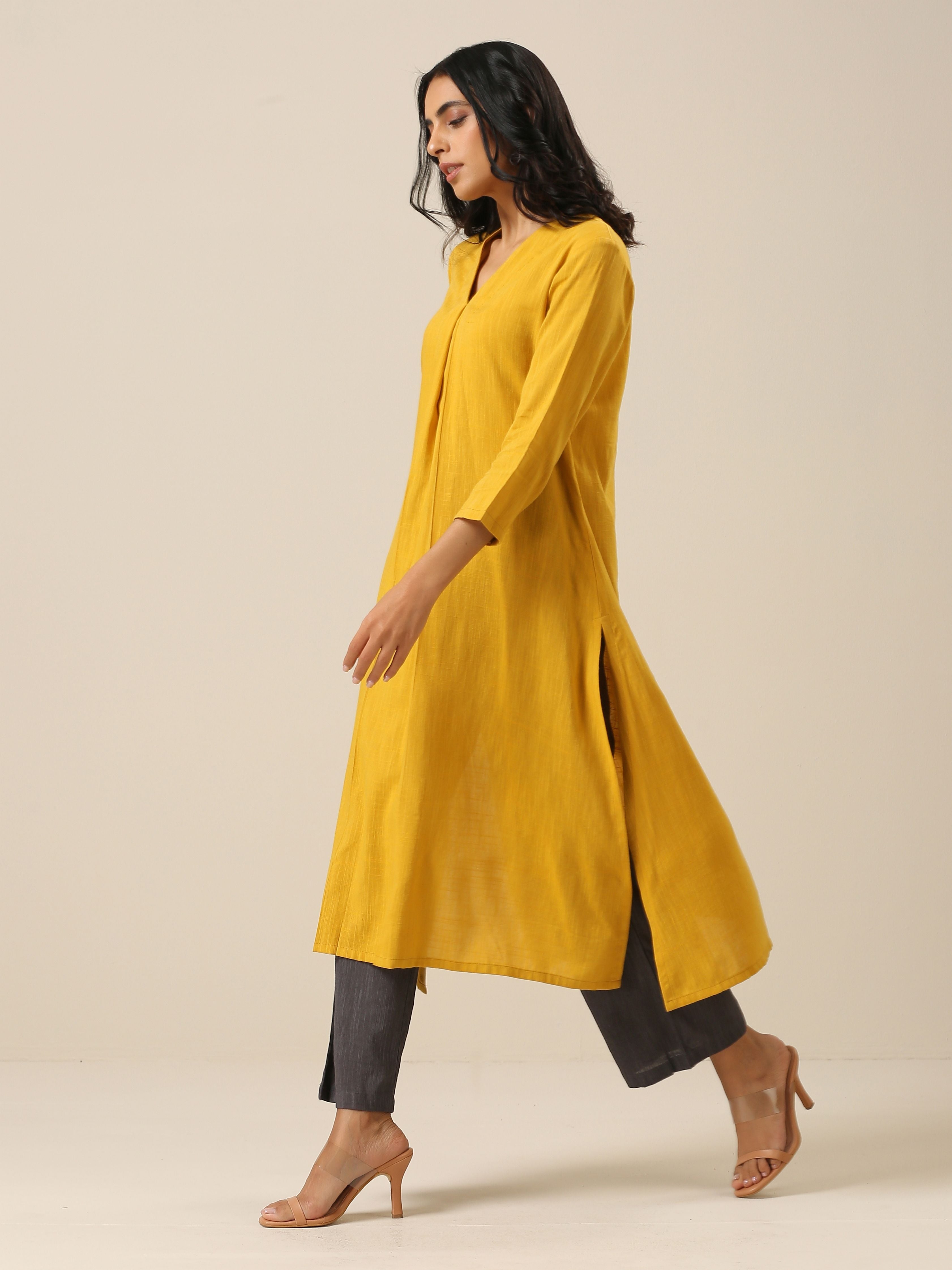 trueBrowns Mustard Yellow Slub Texture Neck Pleat Kurta Pant Set - Distacart