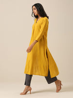 Thumbnail for trueBrowns Mustard Yellow Slub Texture Neck Pleat Kurta Pant Set - Distacart