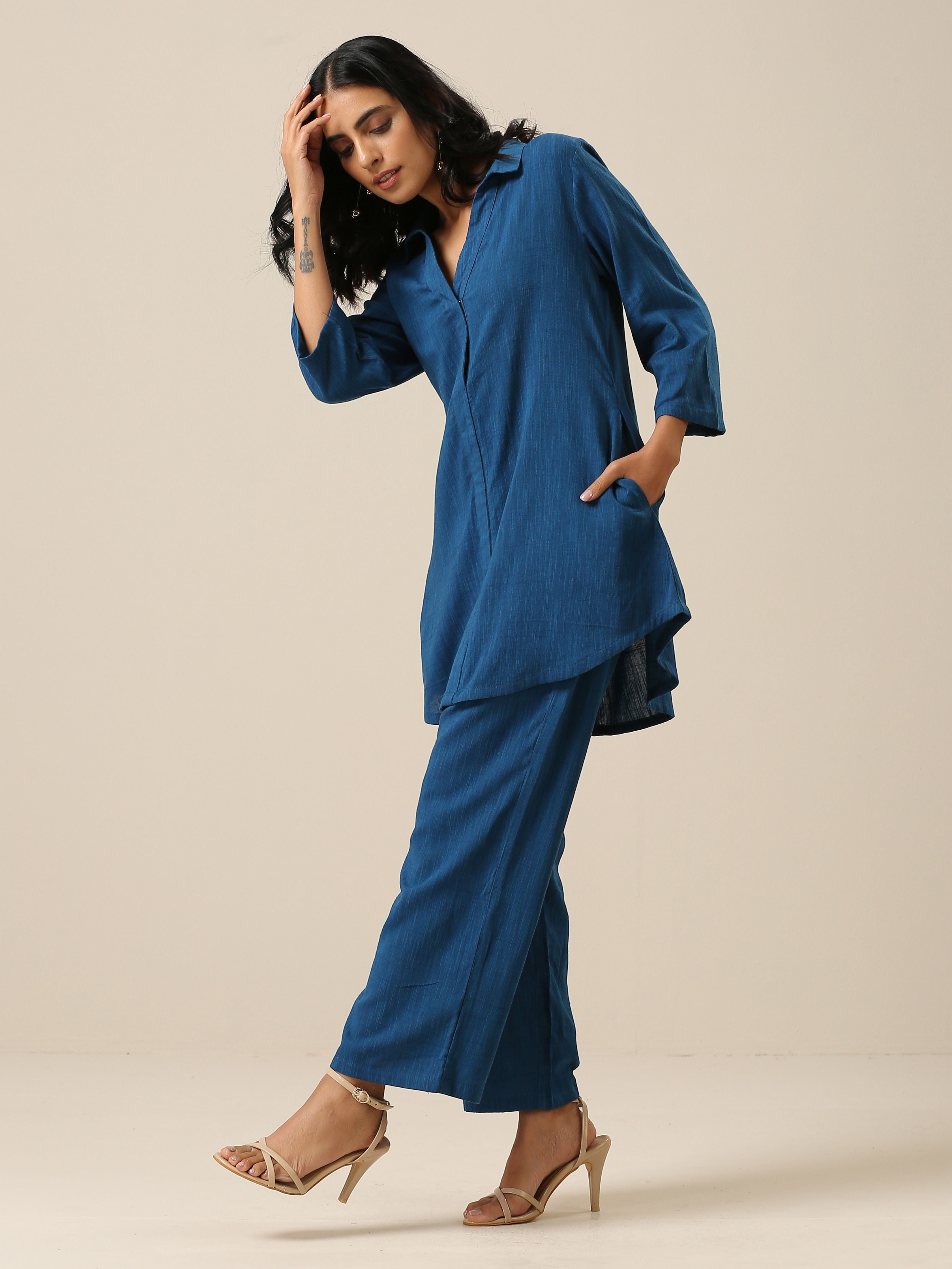 trueBrowns Classic Blue Slub Texture Collar Short Co-Ord Set - Distacart