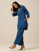 Thumbnail for trueBrowns Classic Blue Slub Texture Collar Short Co-Ord Set - Distacart