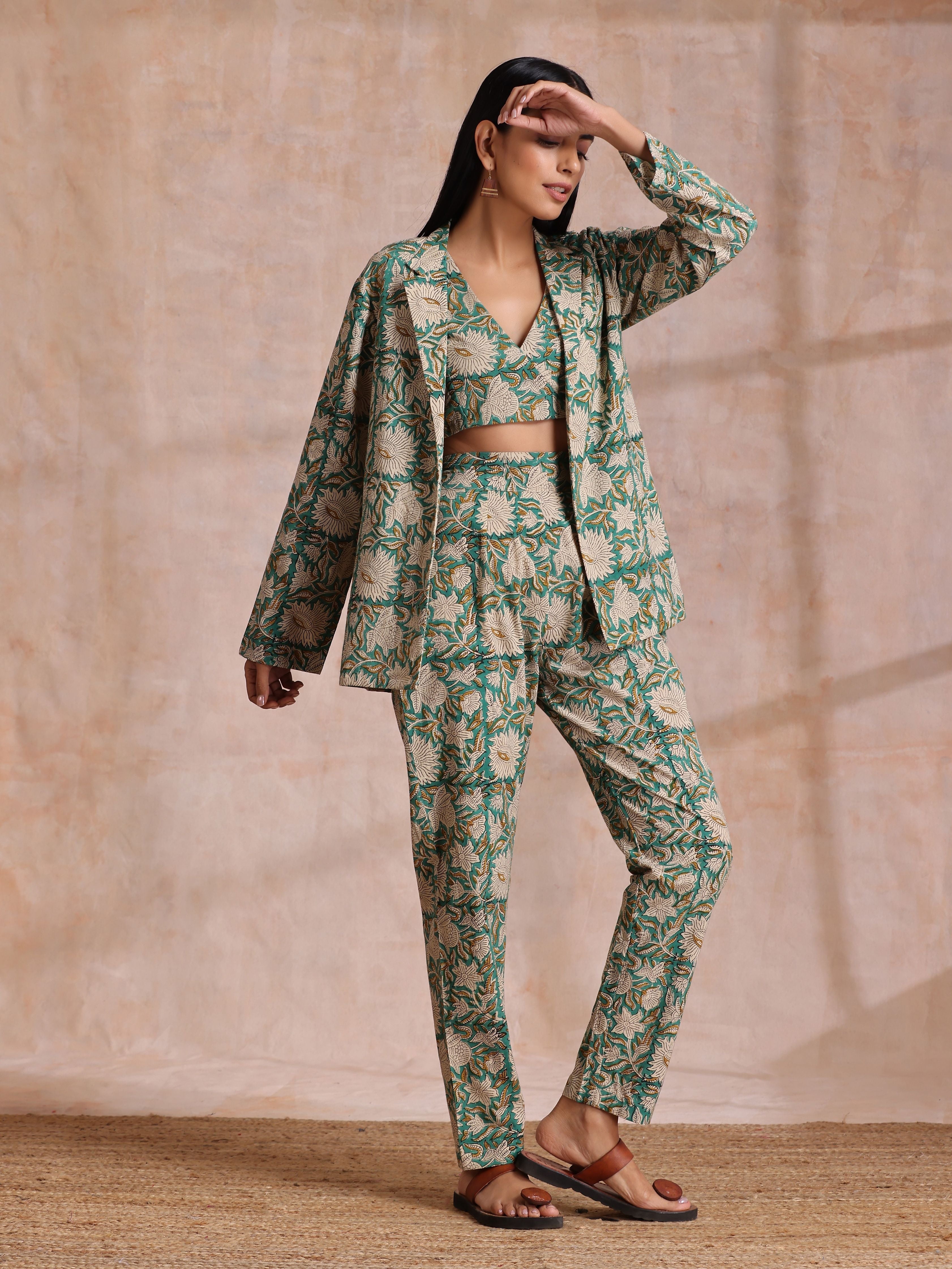 trueBrowns Fern Green Overall Floral Block Print Cotton Pant Suit Set - Distacart