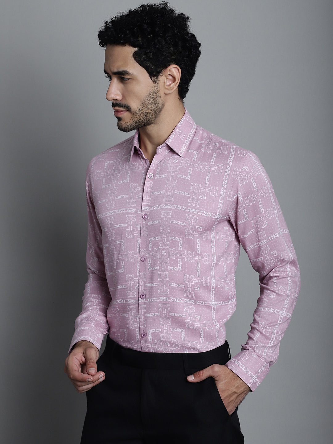 Jainish Men's Geomatric Printed Formal Shirts - Magenta - Distacart