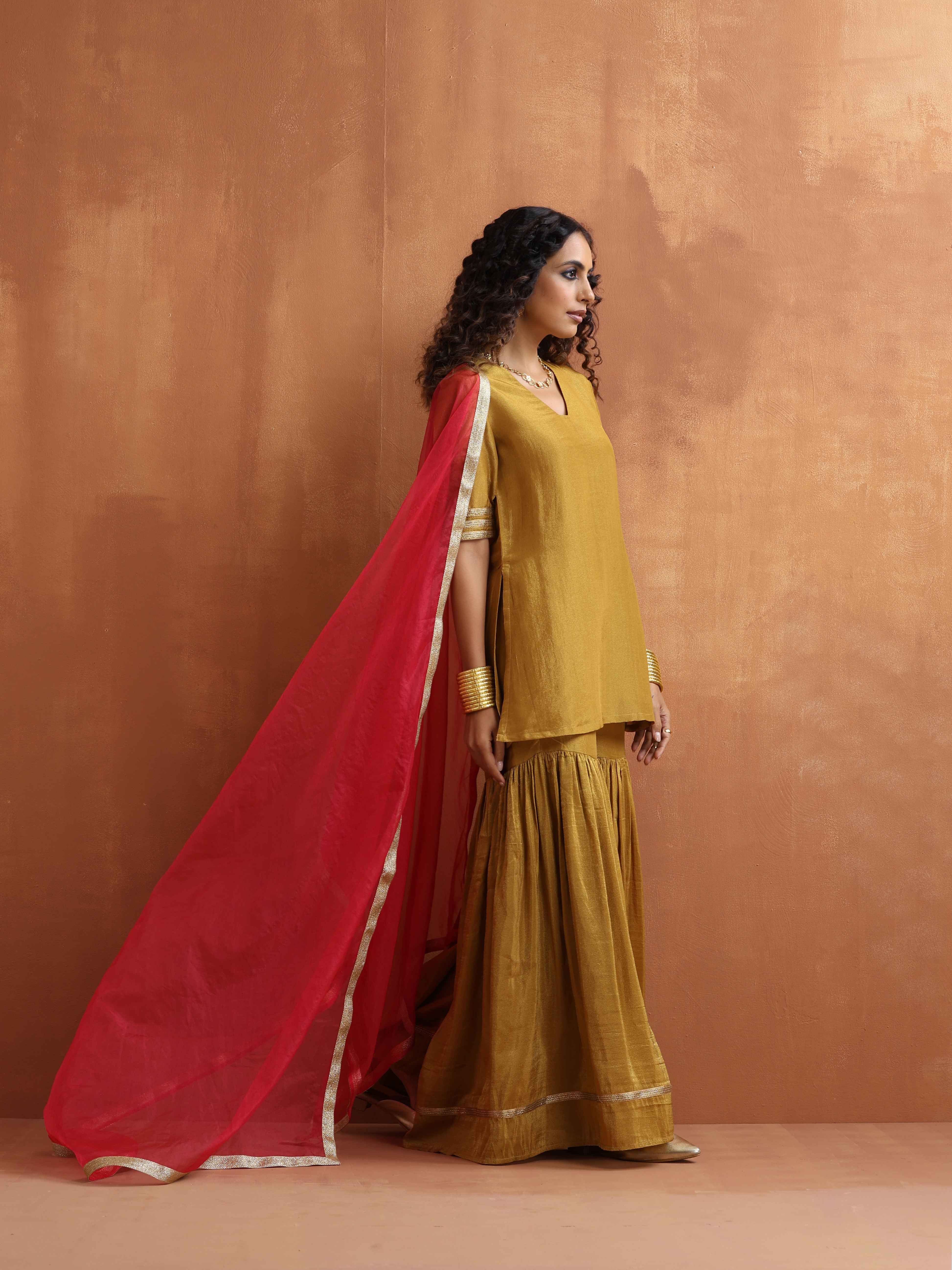 trueBrowns Gold Tissue Sharara Dupatta Set - Distacart