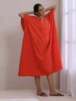 Thumbnail for trueBrowns Orange Dobby Panel Kaftan Dress - Distacart