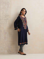 Thumbnail for trueBrowns Blue Kashmiri Embroidered Woollen Phiran Kurta - Distacart