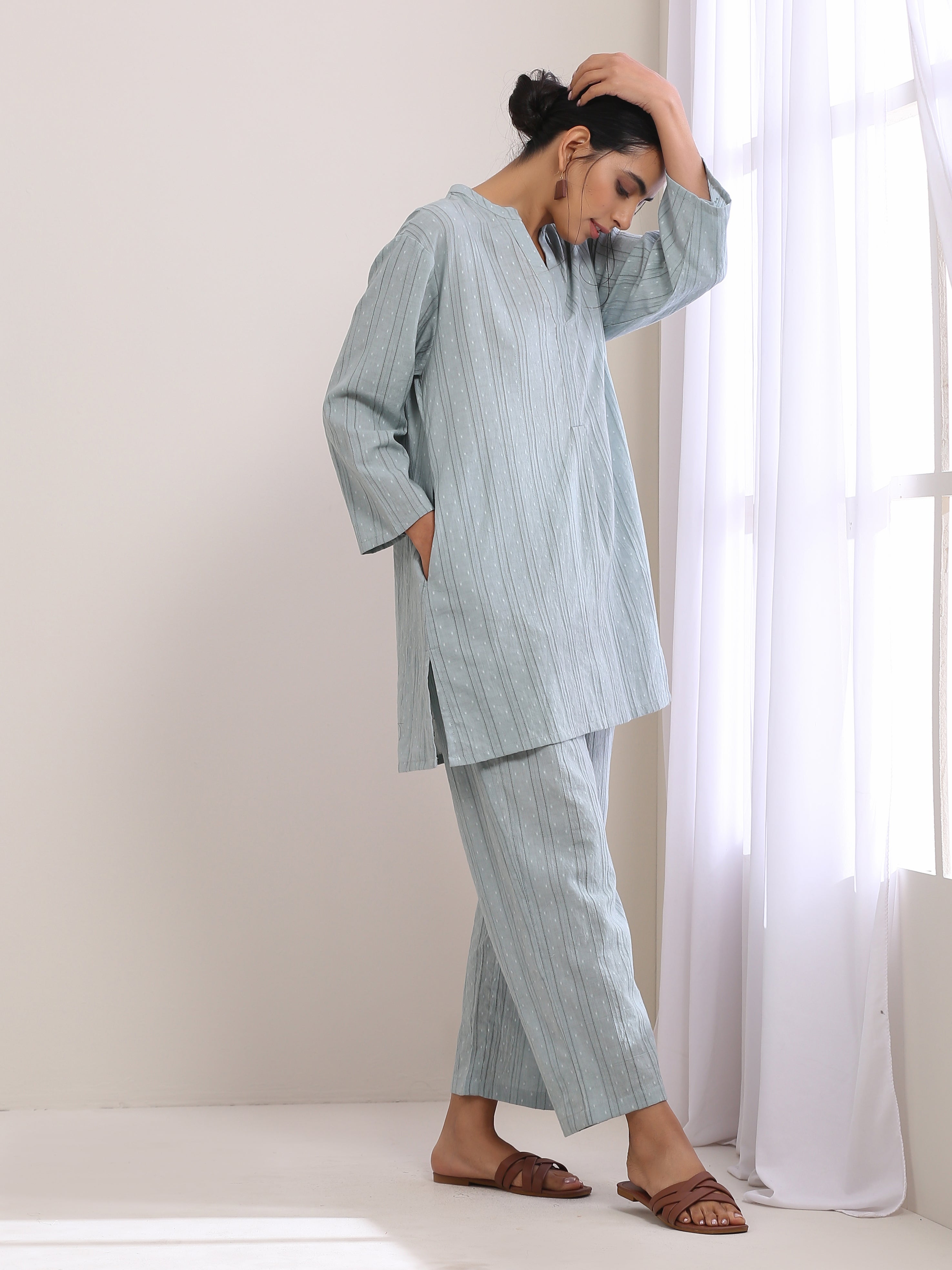 trueBrowns Eggshell Blue Dobby Relaxed Fit Co-Ord Set - Distacart