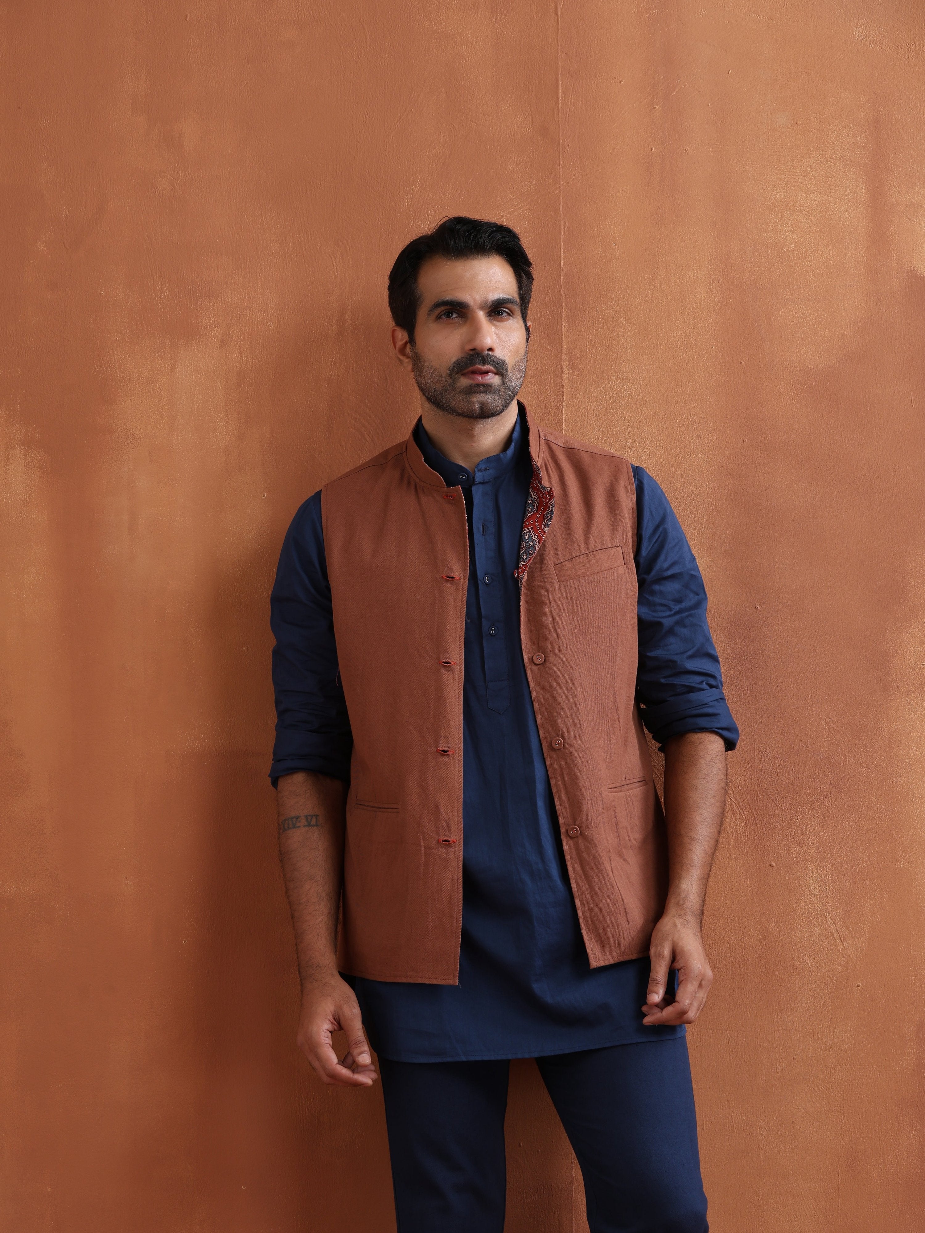 trueBrowns Men's Rust Printed Reversible Nehru Jacket - Distacart