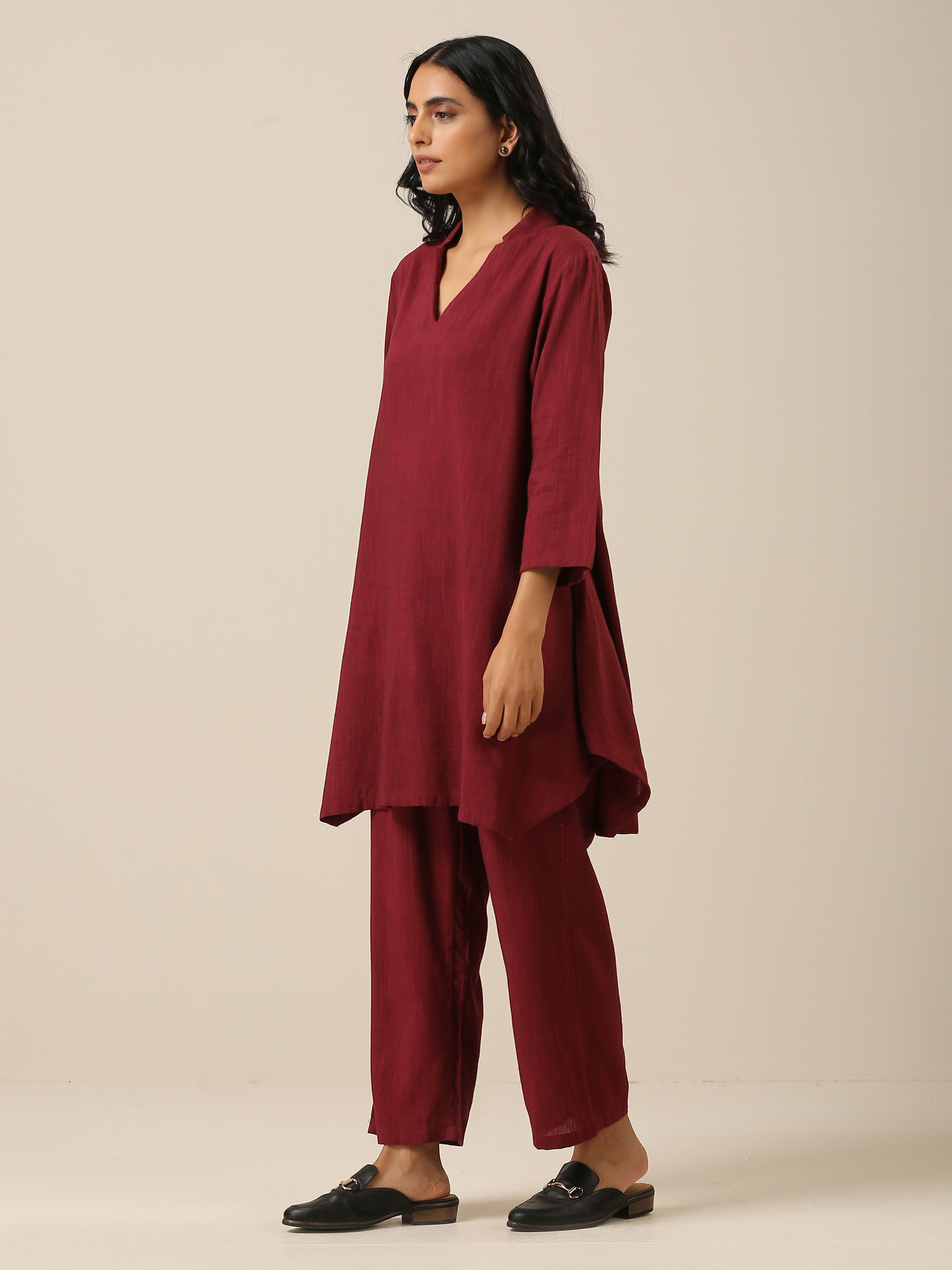 trueBrowns Ruby Wine Slub Textured Collar Co-Ord Set - Distacart