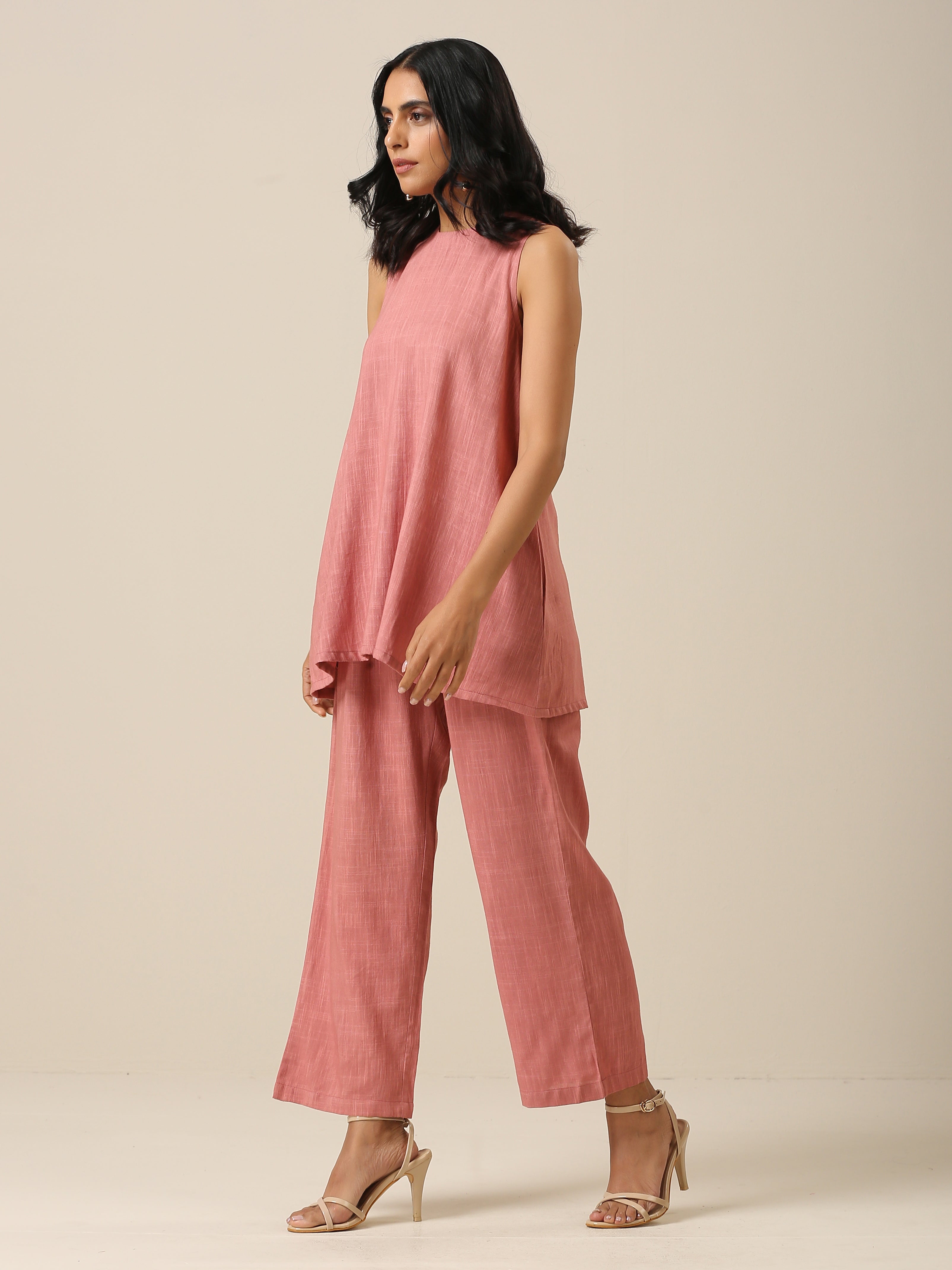 trueBrowns Light Mauve Slub Textured Sleeveless Short Co-Ord Set - Distacart