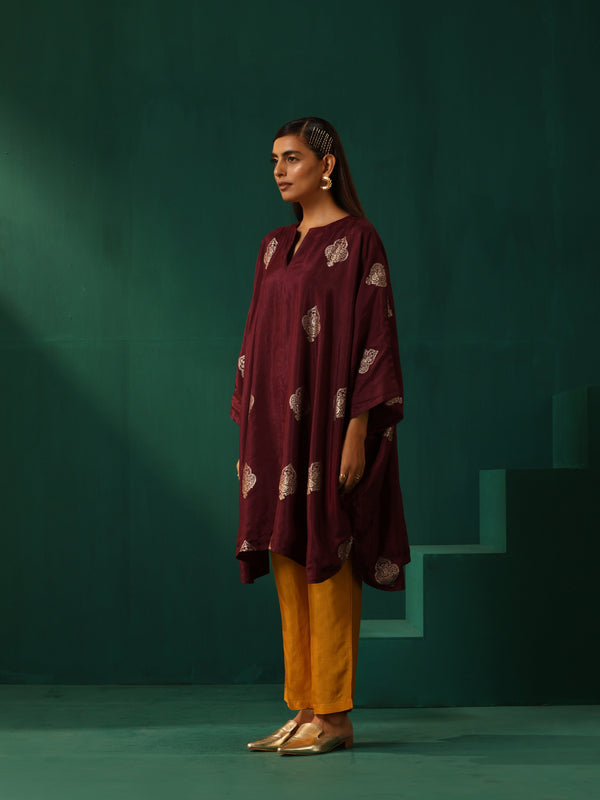 trueBrowns Wine Geometric Viscose Silk Kaftan Kurta Pant Set - Distacart