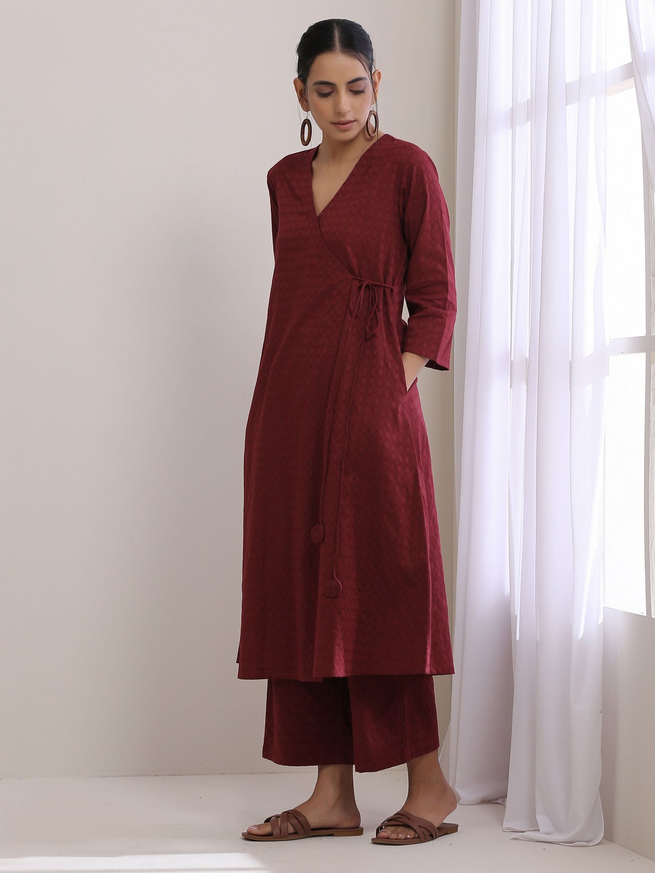 trueBrowns Ruby Wine Dobby Angrakha Pant Set - Distacart