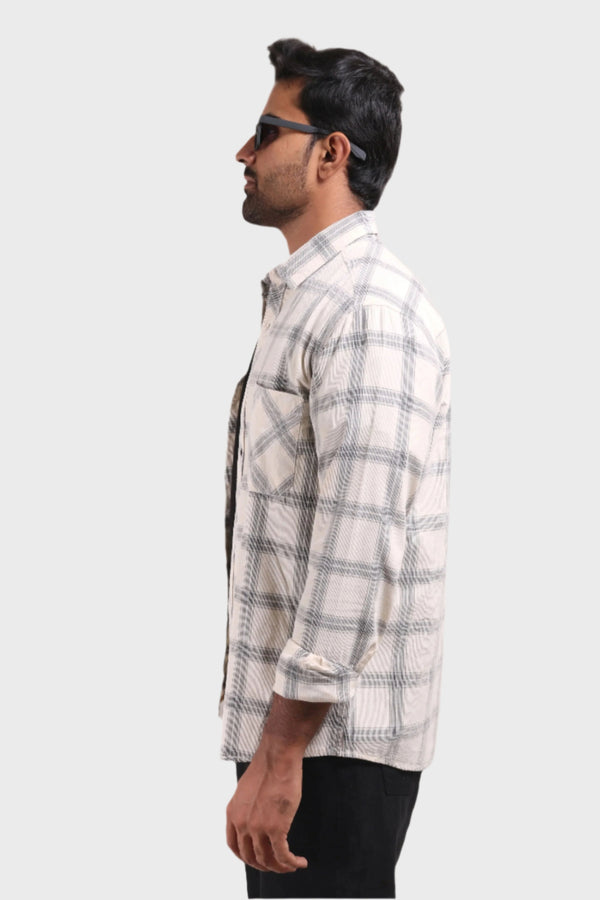 Jonesburg Off White Checks Fine Corduroy Regular Fit Shirt