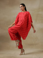 Thumbnail for trueBrowns Red Bandhani Printed Silk Kaftan Gathered Co-Ord Set - Distacart