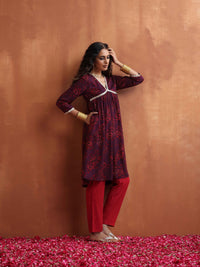 Thumbnail for trueBrowns Purple Floral Print Anarkali Kurta Co-ord Set