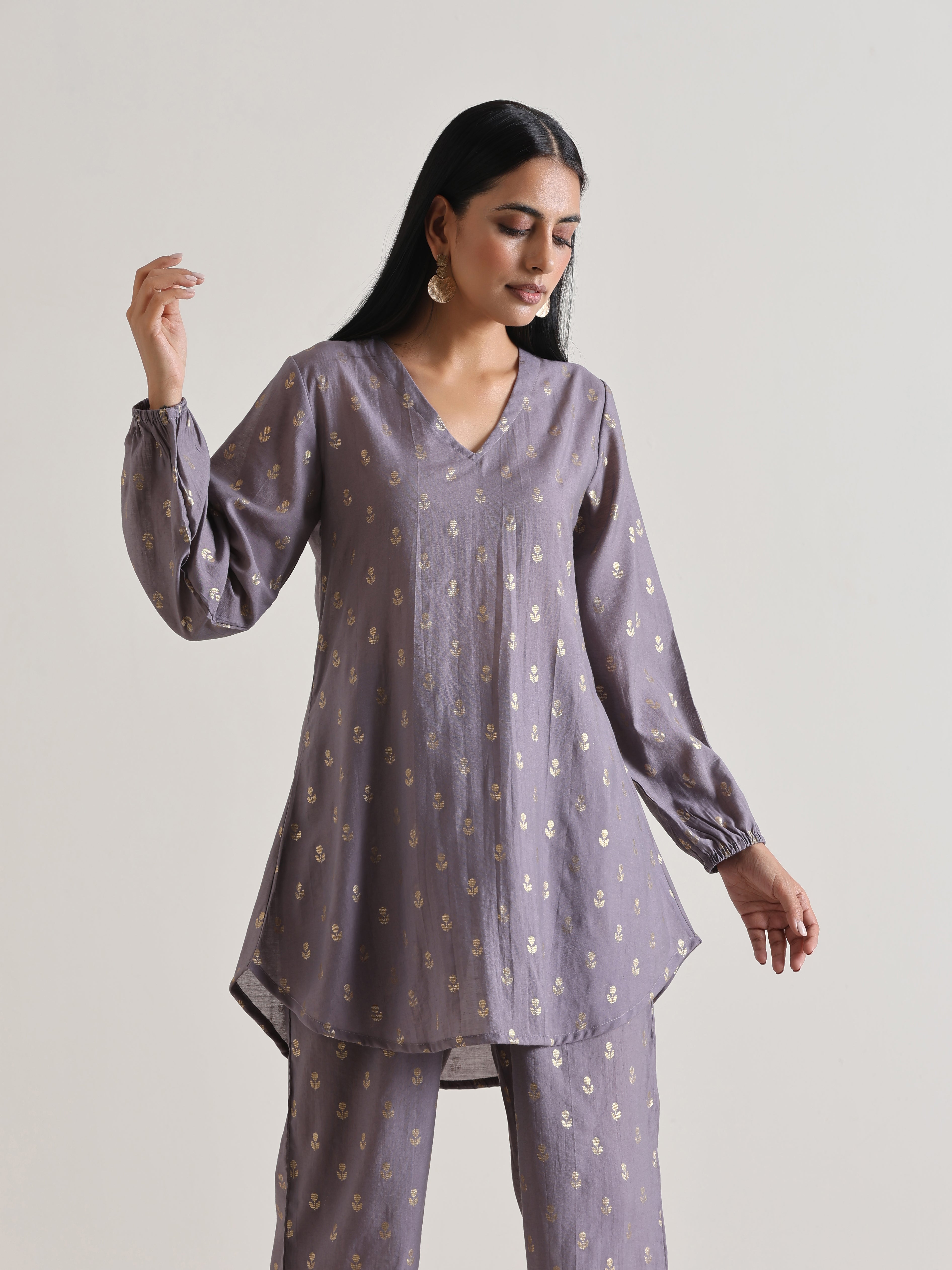 trueBrowns Plum Grey Foil Short Co-Ord Set - Distacart