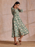 Thumbnail for trueBrowns Fern Green Overall Floral Block Print Cotton Square Neck Dress - Distacart