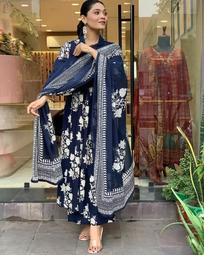 Indian Fashion Women's Viscose Blue Straight Kurta And Pant Set With Dupatta
