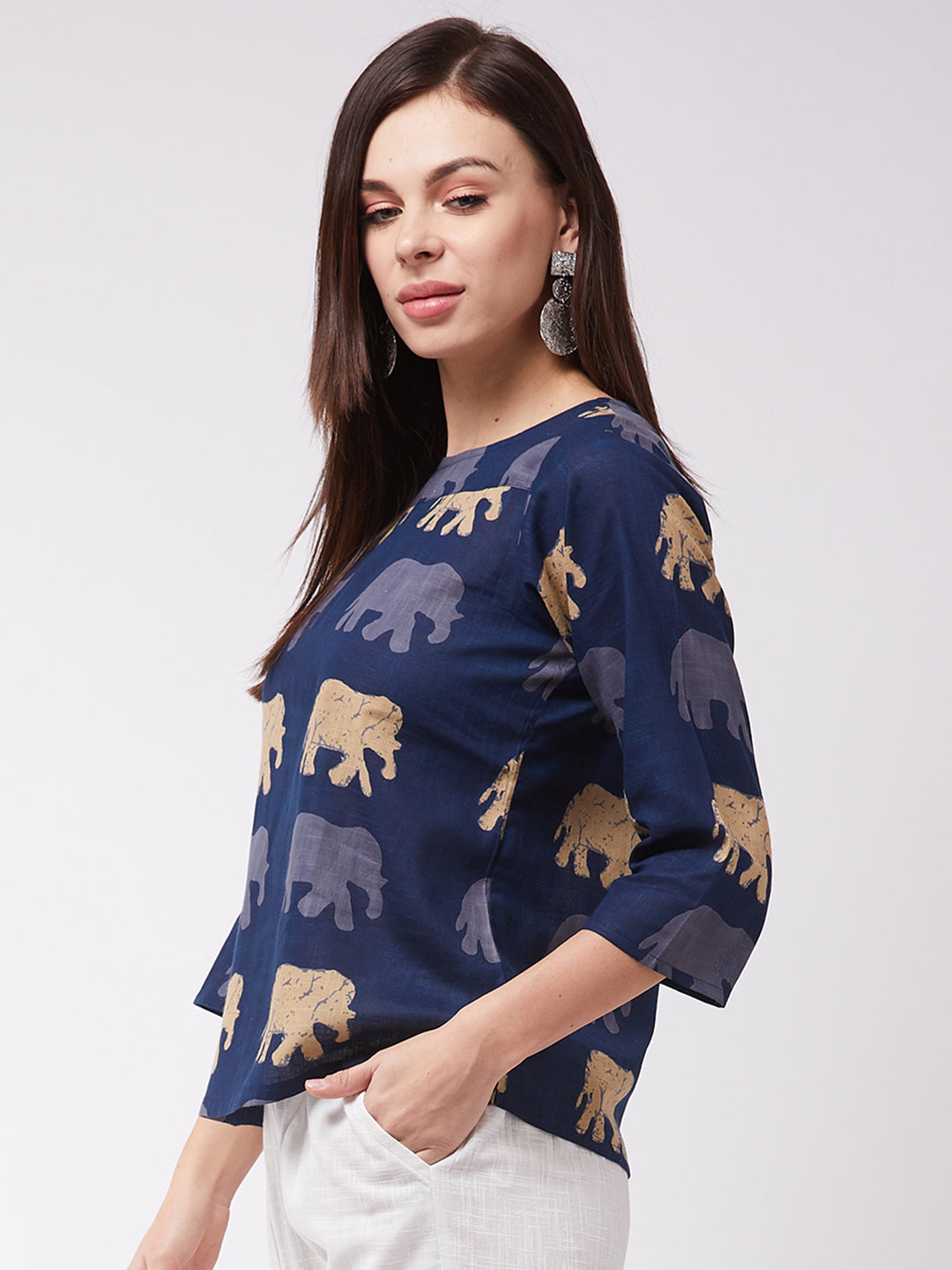 InWeave Elephant Print Blue Top - Distacart