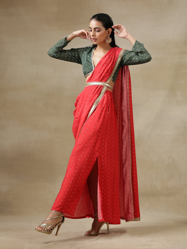 trueBrowns Red Bandhani Printed Silk Skirt Stitched Saree with Belt - Distacart