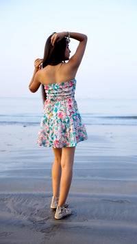 Thumbnail for Noroke Linen Blue Floral Mini Tiered Dress - Printed