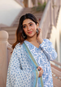 Thumbnail for NOZ2TOZ Women Sky Blue Printed Viscose Rayon Kurta, Pant And Dupatta Set