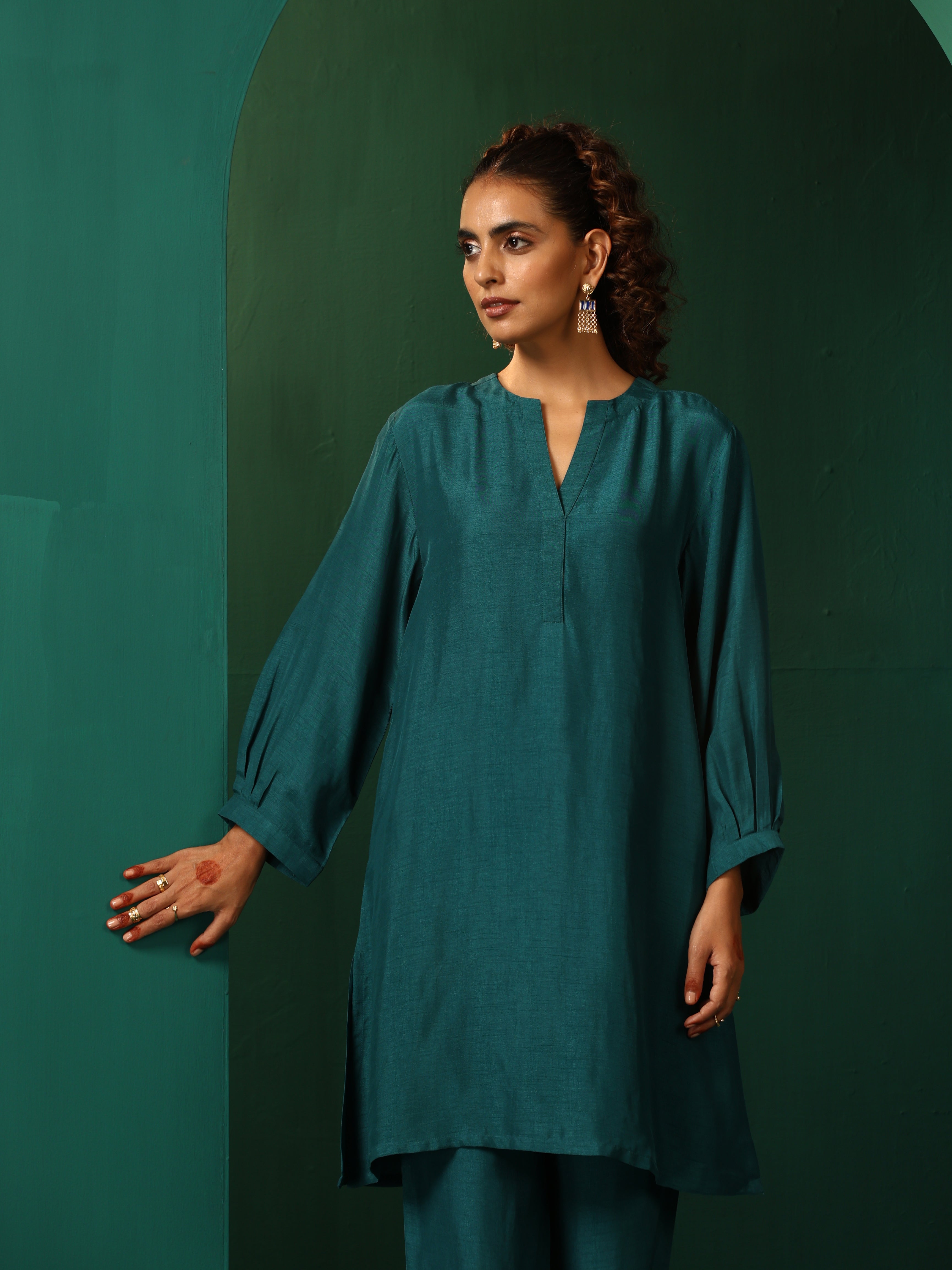 trueBrowns Teal Silk Relaxed Placket Co-ord Set - Distacart