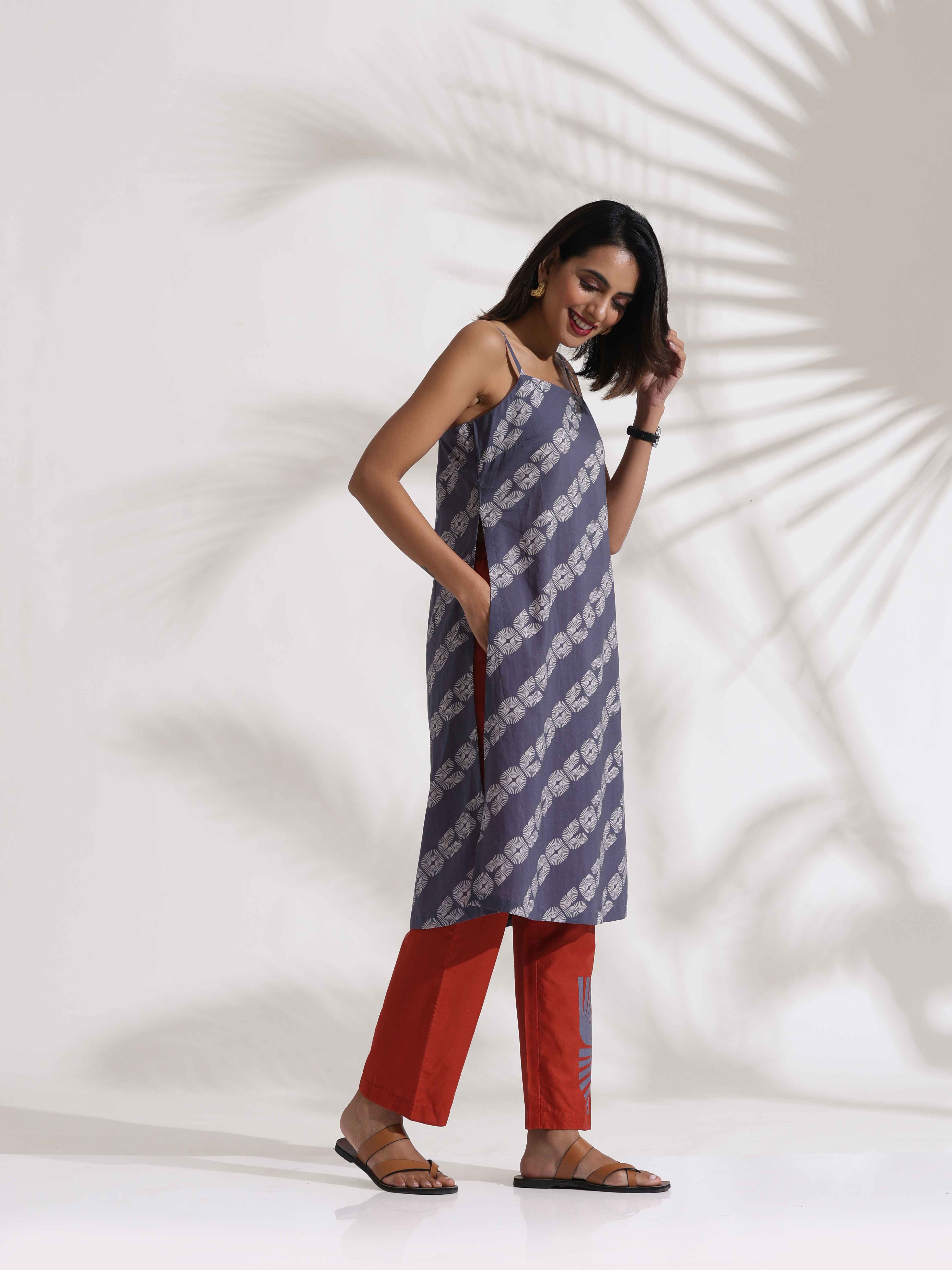 trueBrowns Grey Cotton Print Highslit Kurta Set - Distacart