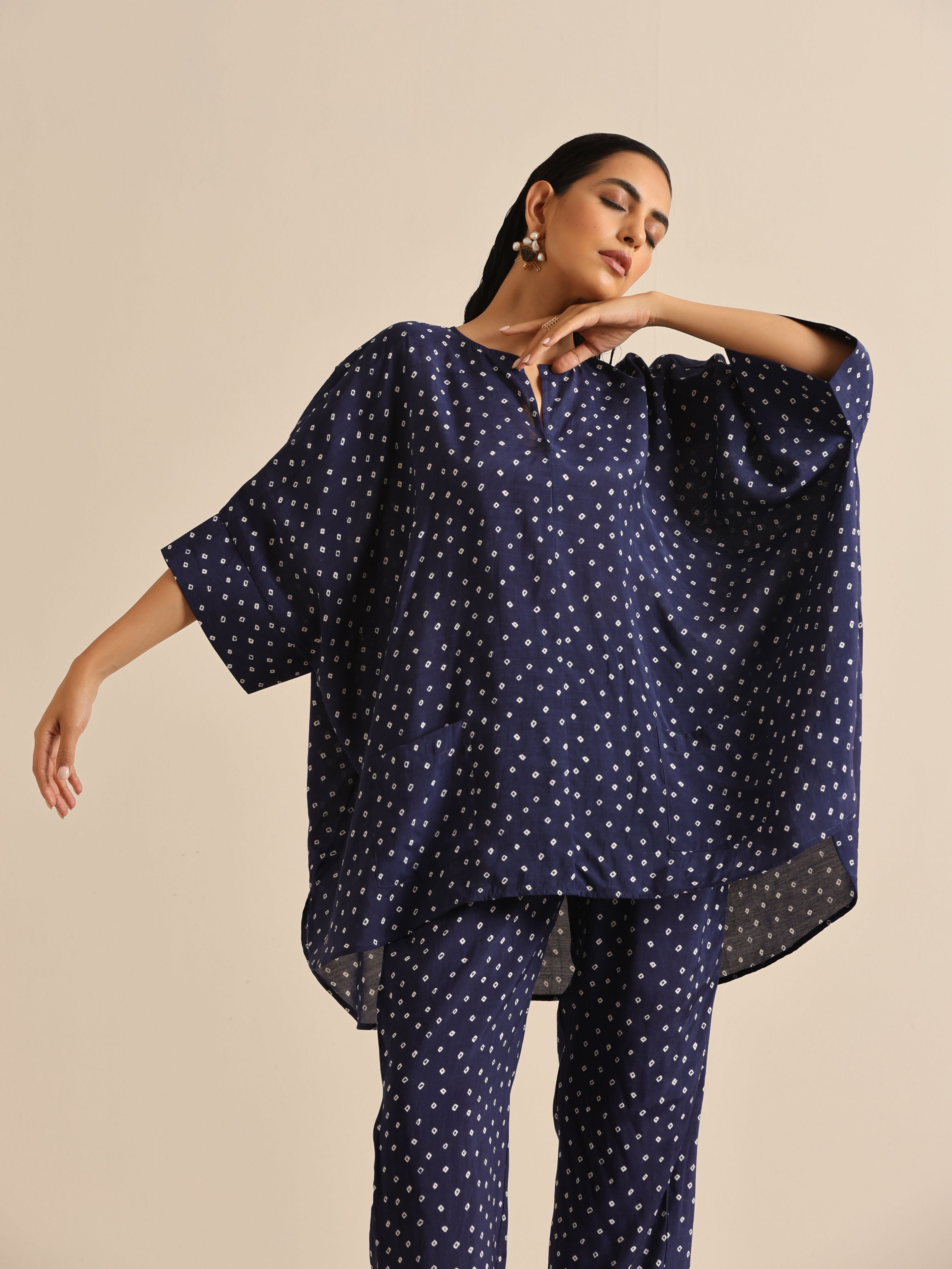 trueBrowns Blue Bandhani Silk Printed Boxy Fit Co-Ord Set - Distacart